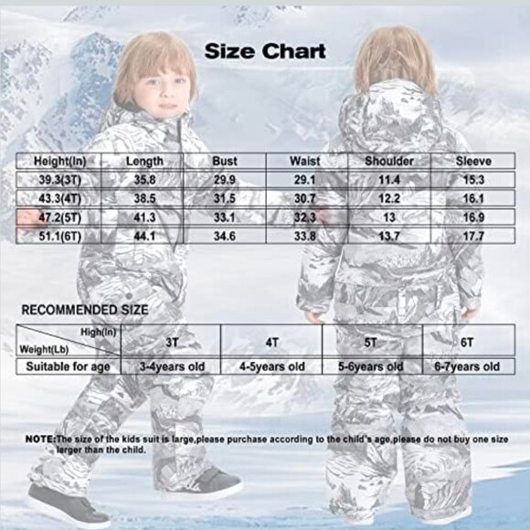 Snowsuit for Boy and Girl One Piece Ski Suit Jacket Water proof Windproof 4T - Picture 4 of 4